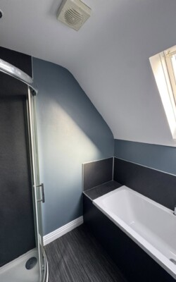 grey painted small bathroom with black tiles